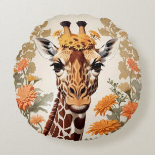 Beautiful Giraffe and Gerbera Daisy Flowers Round Cushion