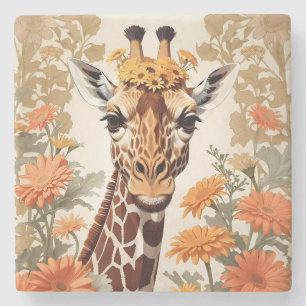 Beautiful Giraffe and Gerbera Daisy Flowers Stone Coaster