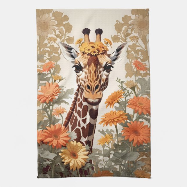 Beautiful Giraffe and Gerbera Daisy Flowers Tea Towel (Vertical)