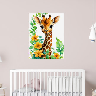 Beautiful Giraffe Animal With Orange Flowers Poster