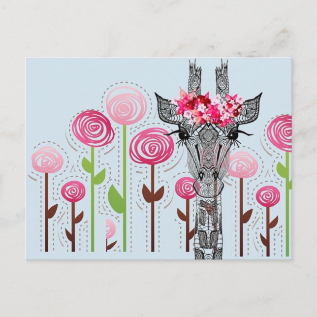 Beautiful giraffe with flower crown in garden postcard (Front)