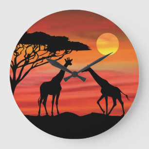 Beautiful Giraffes in the Serengeti Sunset Large Clock