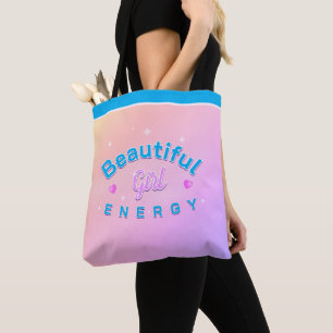 Beautiful Girl Energy Blue Curved Text on PINK Tote Bag