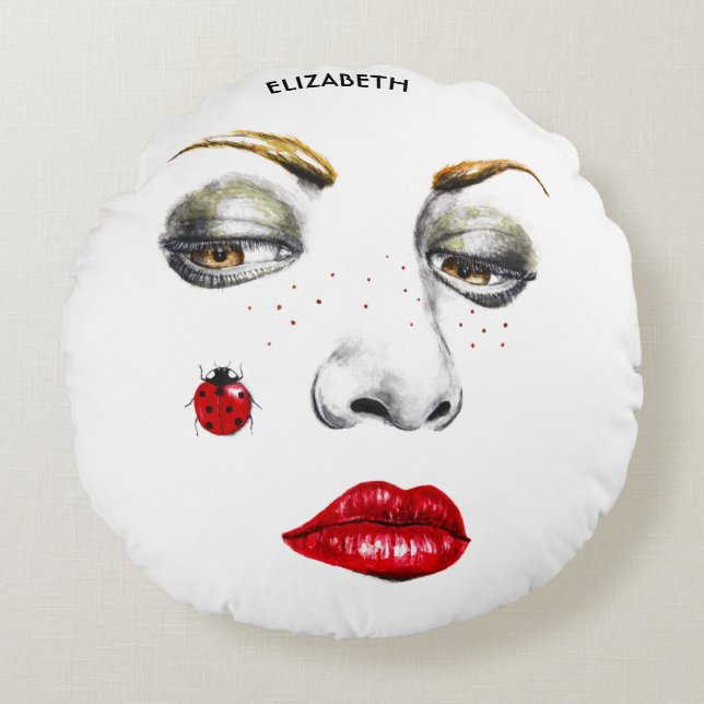 Beautiful Girl Face Drawing With Ladybug Round Cushion (Front)