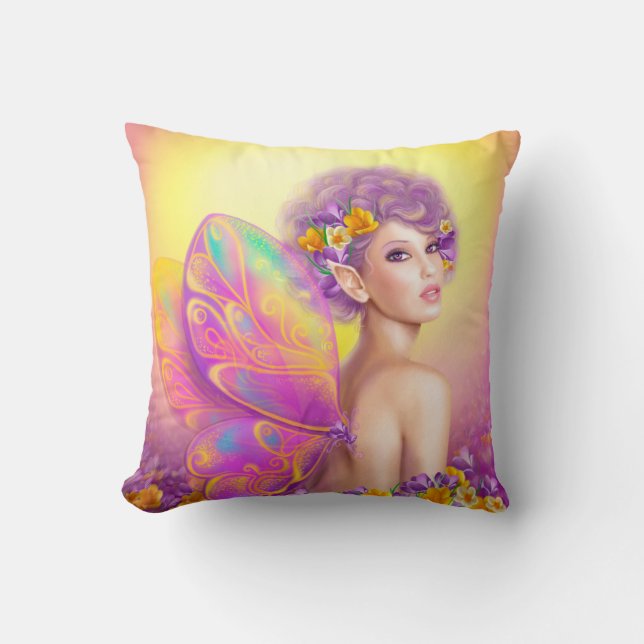 Beautiful girl fairy butterfly at pink and purple cushion (Front)