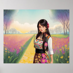 Beautiful Girl in Flower Garden Poster