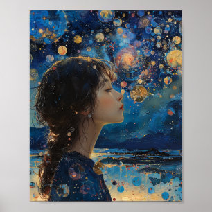 Beautiful Girl Night at the Ocean Mixed Media Poster