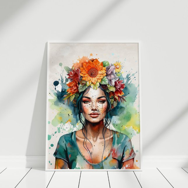 Beautiful Girl Portrait with Flowers in Her Head Poster (Beautiful Girl Portrait with Flowers in Her Head Poster in white frame against white wall.)