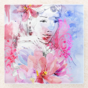 Beautiful girl with a bouquet of flowers glass coaster