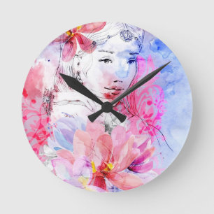 Beautiful girl with a bouquet of flowers round clock