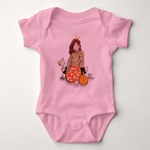 Beautiful Girl with Brown Hair Colouring Pumpkins Baby Bodysuit