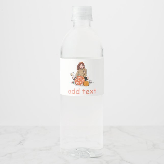 Beautiful Girl with Brown Hair Colouring Pumpkins Water Bottle Label (Front)