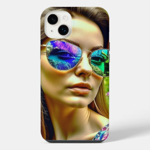 Beautiful Girl with Sunglasses Reflection Flowers iPhone 14 Plus Case