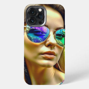 Beautiful Girl with Sunglasses Reflection Flowers iPhone 13 Pro Max Case