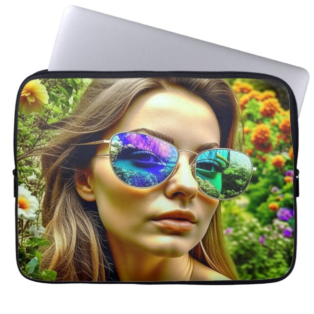 Beautiful Girl with Sunglasses Reflection Flowers Laptop Sleeve (Front)