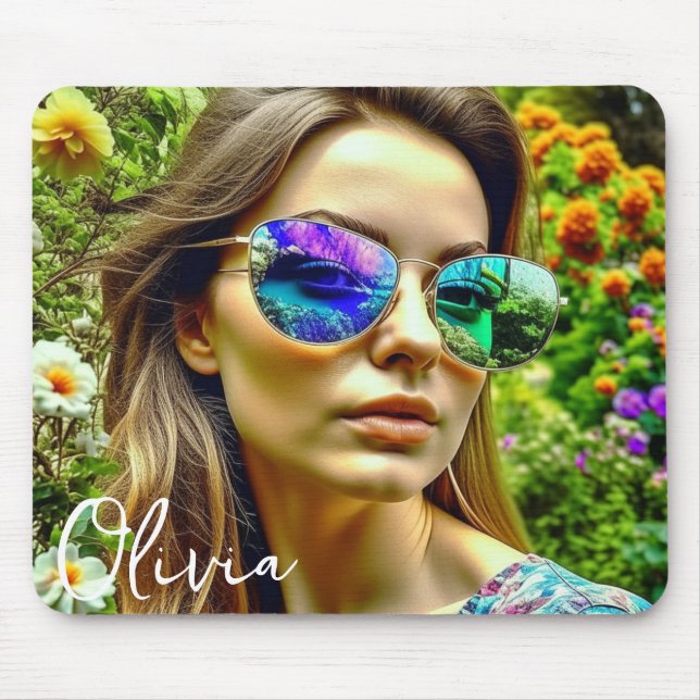 Beautiful Girl with Sunglasses Reflection Flowers Mouse Pad (Front)