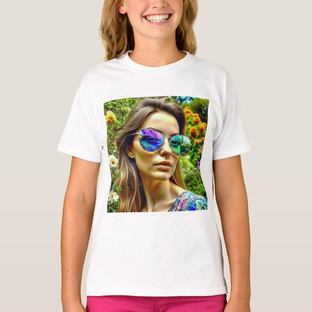 Beautiful Girl with Sunglasses Reflection Flowers T-Shirt (Front)