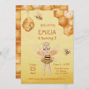 Beautiful Girly Honey Bee 5th Birthday Party Invitation