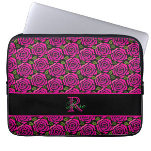 Beautiful Girly Hot Pink Roses Name Monogram  Laptop Sleeve