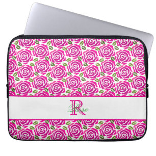 Beautiful Girly Hot Pink Roses Name Monogram Laptop Sleeve