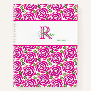 Beautiful Girly Hot Pink Roses Name Monogram Notebook