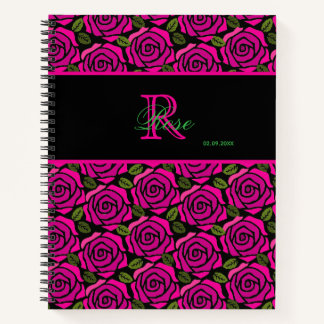 Beautiful Girly Hot Pink Roses Name Monogram  Notebook