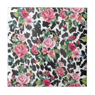 Beautiful girly trendy vintage roses and leopard tile