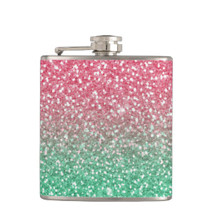 Beautiful girly trendypink green faux glitter hip flask