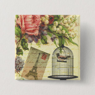 Beautiful girly vintage roses flowers Eiffel Tower 15 Cm Square Badge