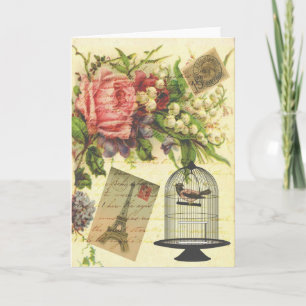 Beautiful girly vintage roses flowers Eiffel Tower Card