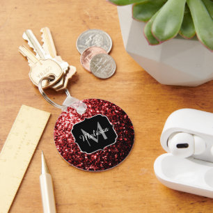 Beautiful Glamour Red Glitter sparkles Monogram Key Ring