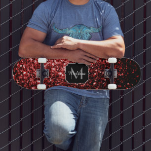 Beautiful Glamour Red Glitter sparkles Monogram Skateboard