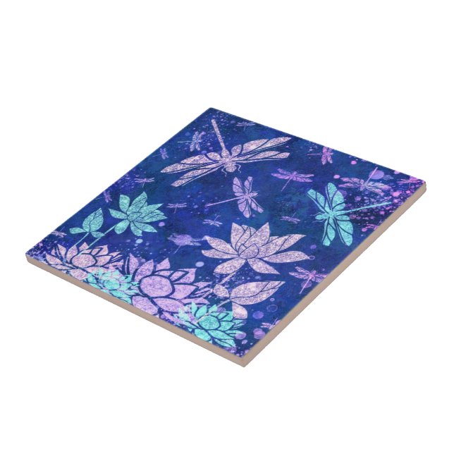 Beautiful Glitter Flowers Dragonflies Ceramic Tile (Side)