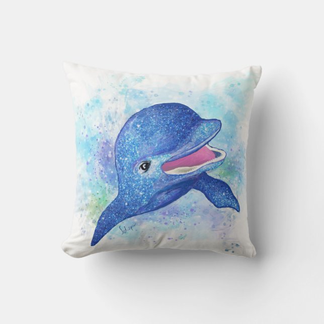Beautiful Glittery Blue Dolphin Cushion (Front)