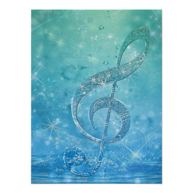 Beautiful Glittery Blue Music Note Treble Clef Poster (Front)