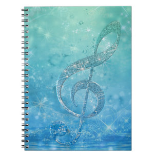 Beautiful glittery shining effect blue treble clef spiral notebook