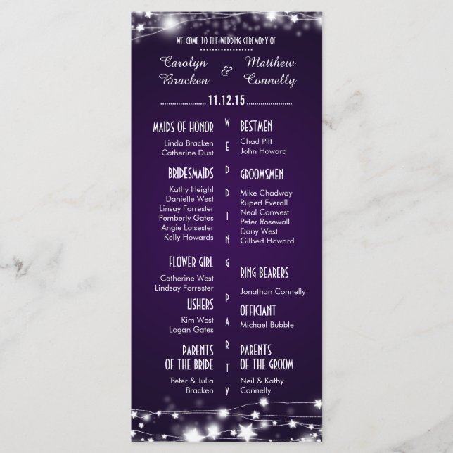 Beautiful Glowing Stars Purple Wedding Program Programme (Front)