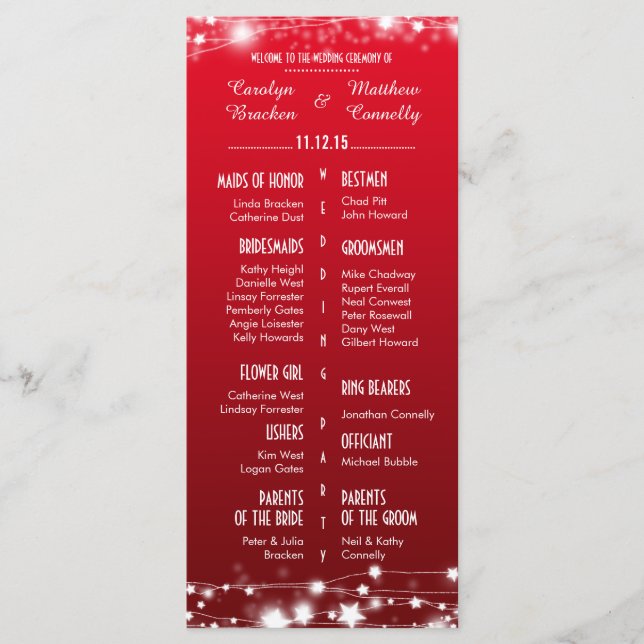 Beautiful Glowing Stars Red Wedding Program Programme (Front)