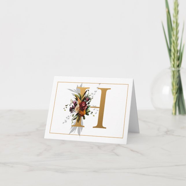 BEAUTIFUL GOLD AND FLORAL MONOGRAM H NOTE CARD (Front)