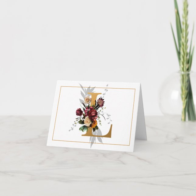 BEAUTIFUL GOLD AND FLORAL MONOGRAM L NOTE CARD (Front)