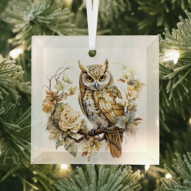 Beautiful Gold and White Christmas Owl Designs  Glass Tree Decoration (Insitu)