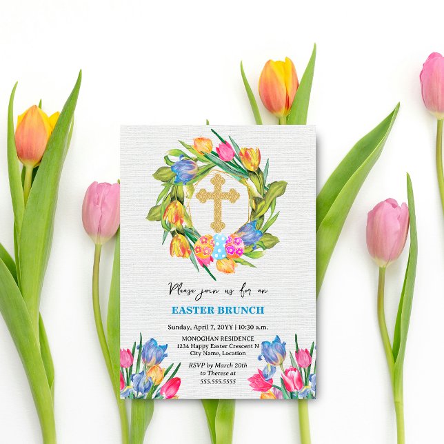 Beautiful Gold Cross Easter Eggs Tulips Invitation (Beautiful gold cross, tulip wreath and Easter Eggs brunch invitation front view.)