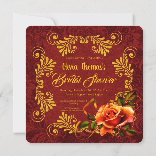 Beautiful Gold Glitter & Fall Rose Bridal Shower Invitation (Front)