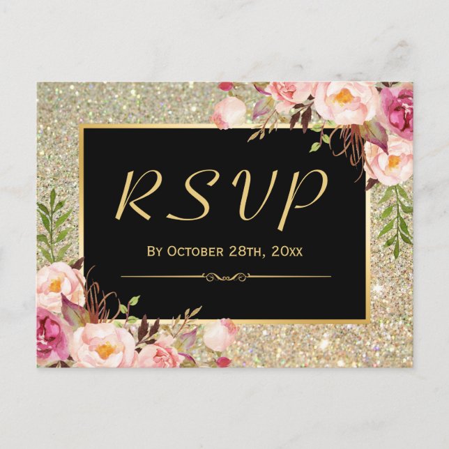 Beautiful Gold Glitter Floral RSVP Response Invitation Postcard (Front)