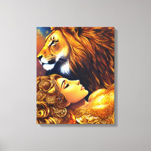 Beautiful Gold Lion and Woman Wrapped Canvas