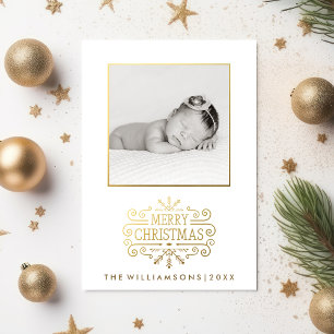 Beautiful Gold Merry Christmas Snowflake Photo Holiday Card
