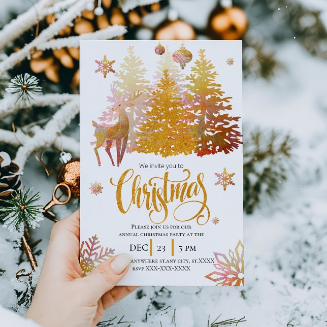 Beautiful Gold Pink Deer Christmas Party Tree Invitation (Creator Uploaded)