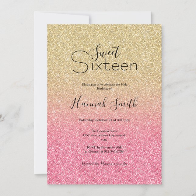 Beautiful Gold Pink Glitter Ombre Invitation (Front)