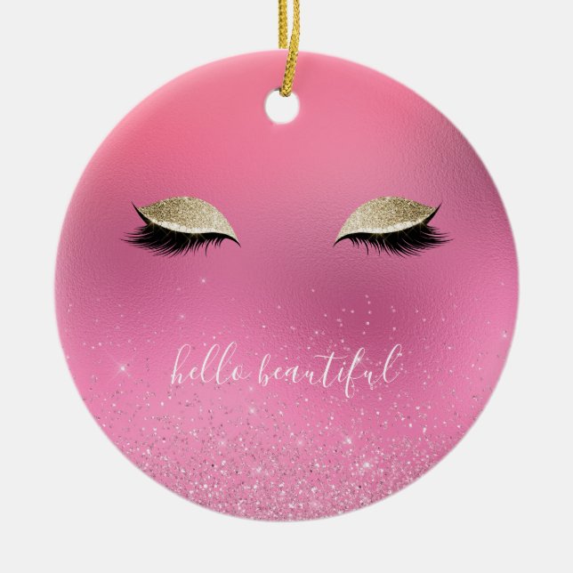 Beautiful Gold Pink Glitzy Eyes Ceramic Tree Decoration (Front)