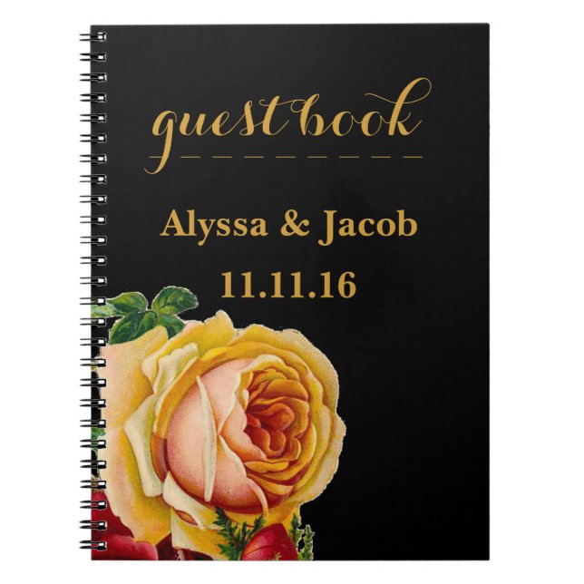 Beautiful Gold & Red Roses Black Wedding Spiral Notebook (Front)
